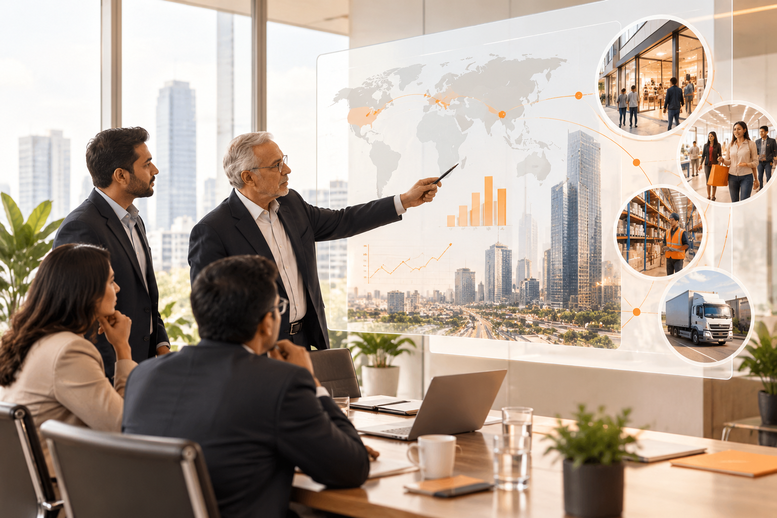 Infollion team briefing a client using an on-the-ground market map